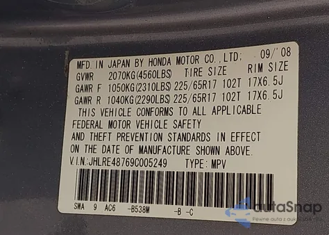 2009 Honda Cr-V Ex-L z USA, uszkodzony, nr VIN JHLRE48769C005249